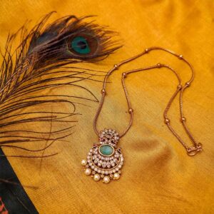 Radiant Antique Gold-Plated Necklace with Green Stone & Pearls