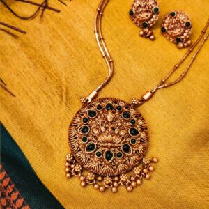 Traditional Goddess Pendant Necklace Set – Antique Gold with Green Stones