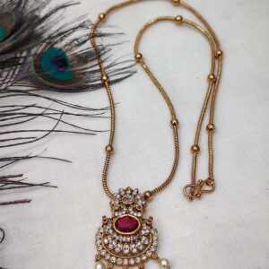 Antique Gold-Plated Necklace with Red Gemstone & Pearl Drops