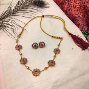 Antique Gold-Plated Choker Necklace & Earring Set with Gemstone Accents