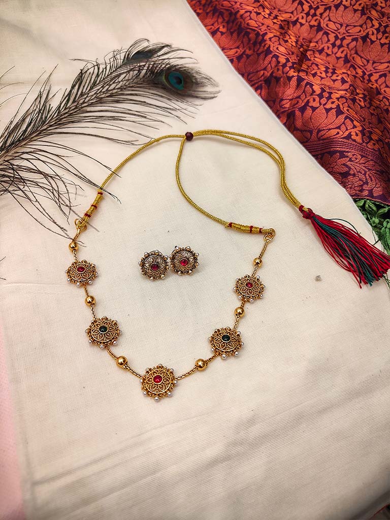 Antique Gold-Plated Choker Necklace & Earring Set with Gemstone Accents
