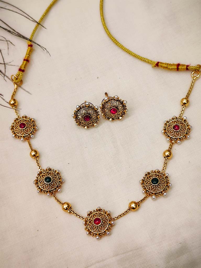 Antique Gold-Plated Choker Necklace & Earring Set with Gemstone Accents - Image 2