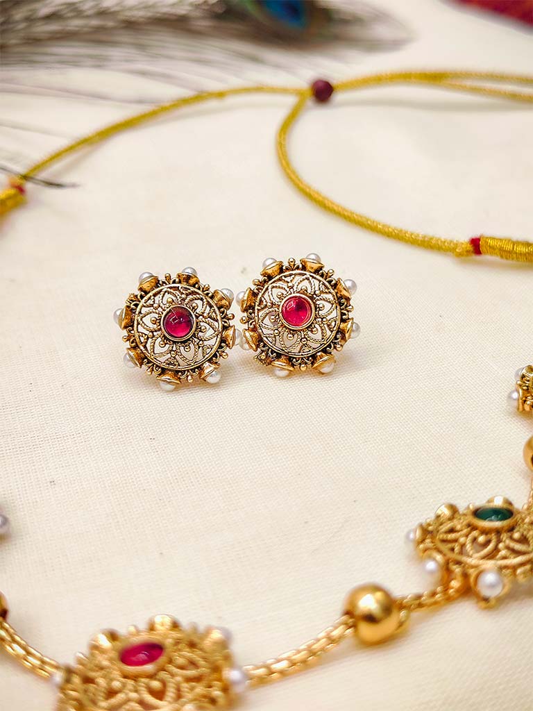 Antique Gold-Plated Choker Necklace & Earring Set with Gemstone Accents - Image 3