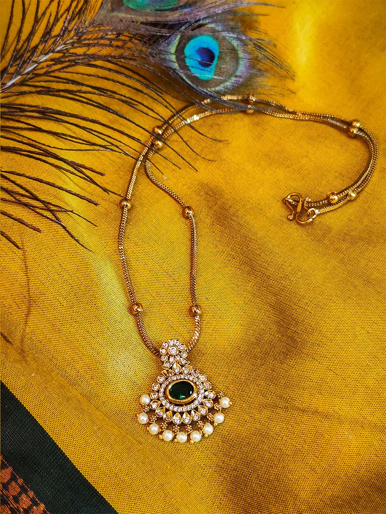 Antique Gold-Plated Necklace with Green Gemstone Pendant