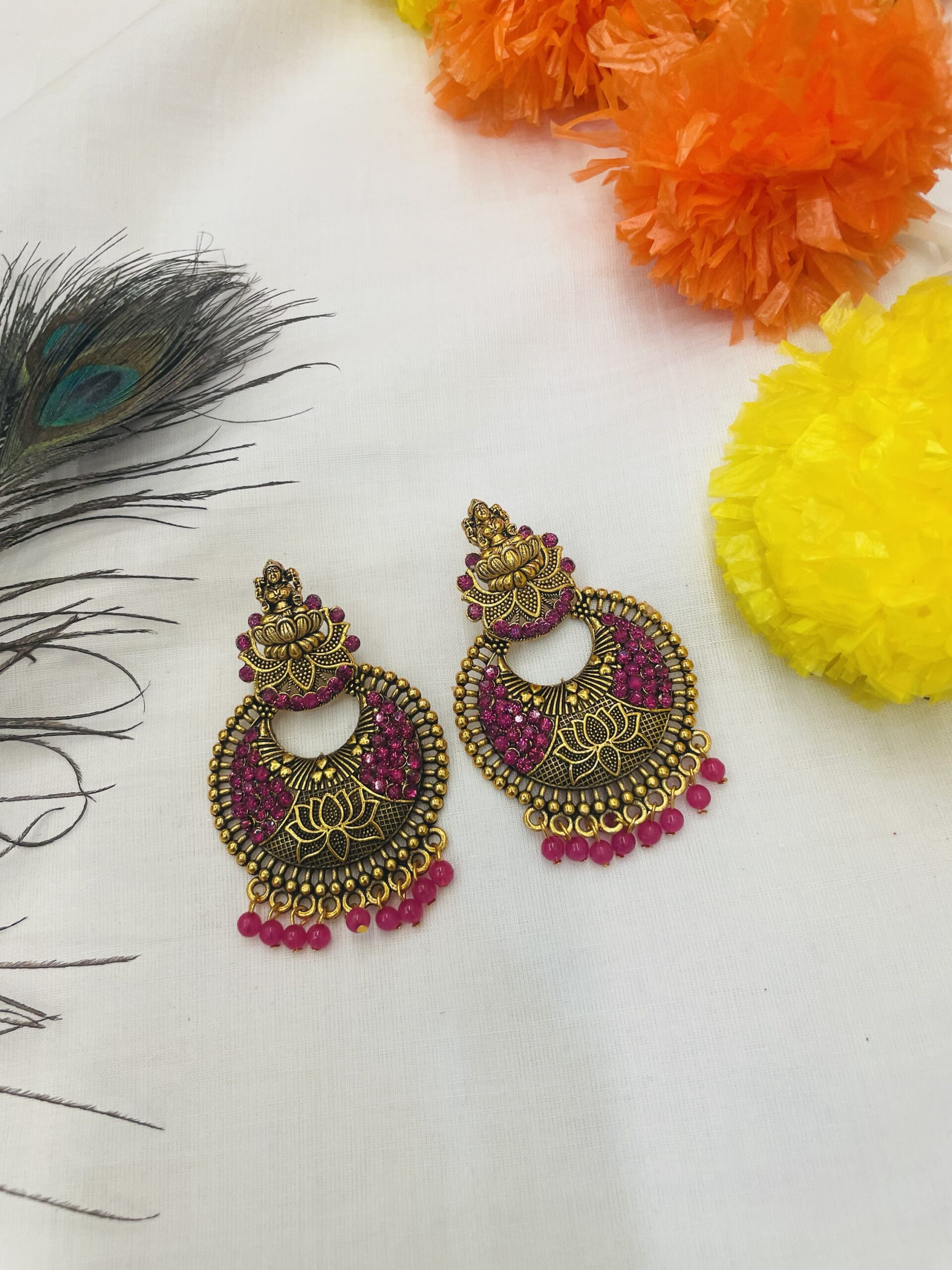 Lotus Motif Earring with Pink pearls - Image 2