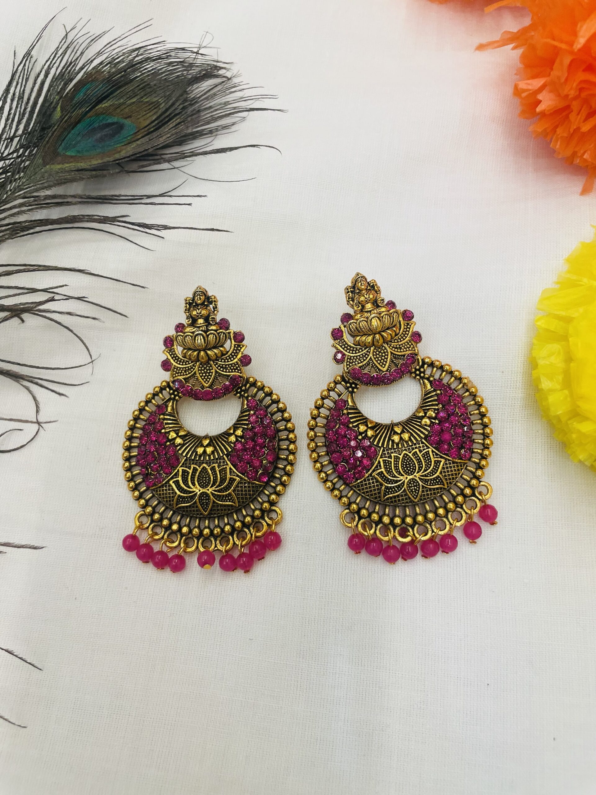 Lotus Motif Earring with Pink pearls - Image 3