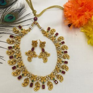 Heavy necklace with Red and Green stones and matching earring set